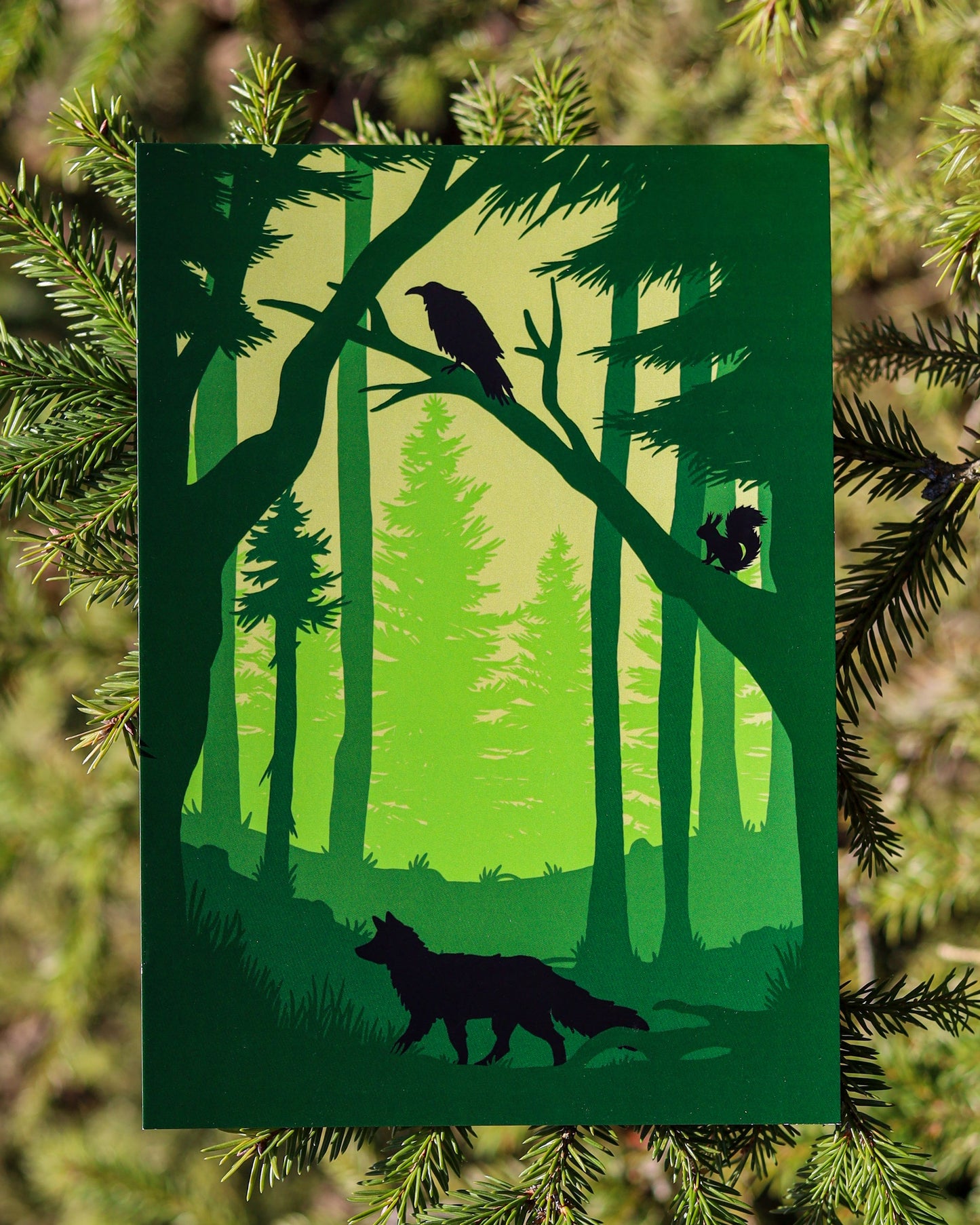 Korpimetsän kätköissä -printtikuva