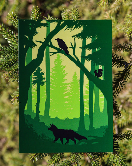 Korpimetsän kätköissä -printtikuva